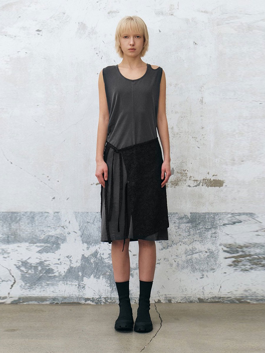 [INSILENCE WOMEN] ジャカード レイヤード スカート - BLACK。